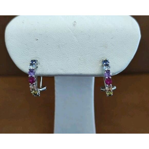 925 Sterling Silver Hoops Omega Backs Rainbow Gemstones Pierced Earrings .75" - Picture 1 of 5
